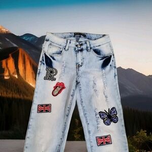 🔥Rebel Love Womens Skinny Jeans 5/6 Distressed Blue Denim Y2K Retro Patches